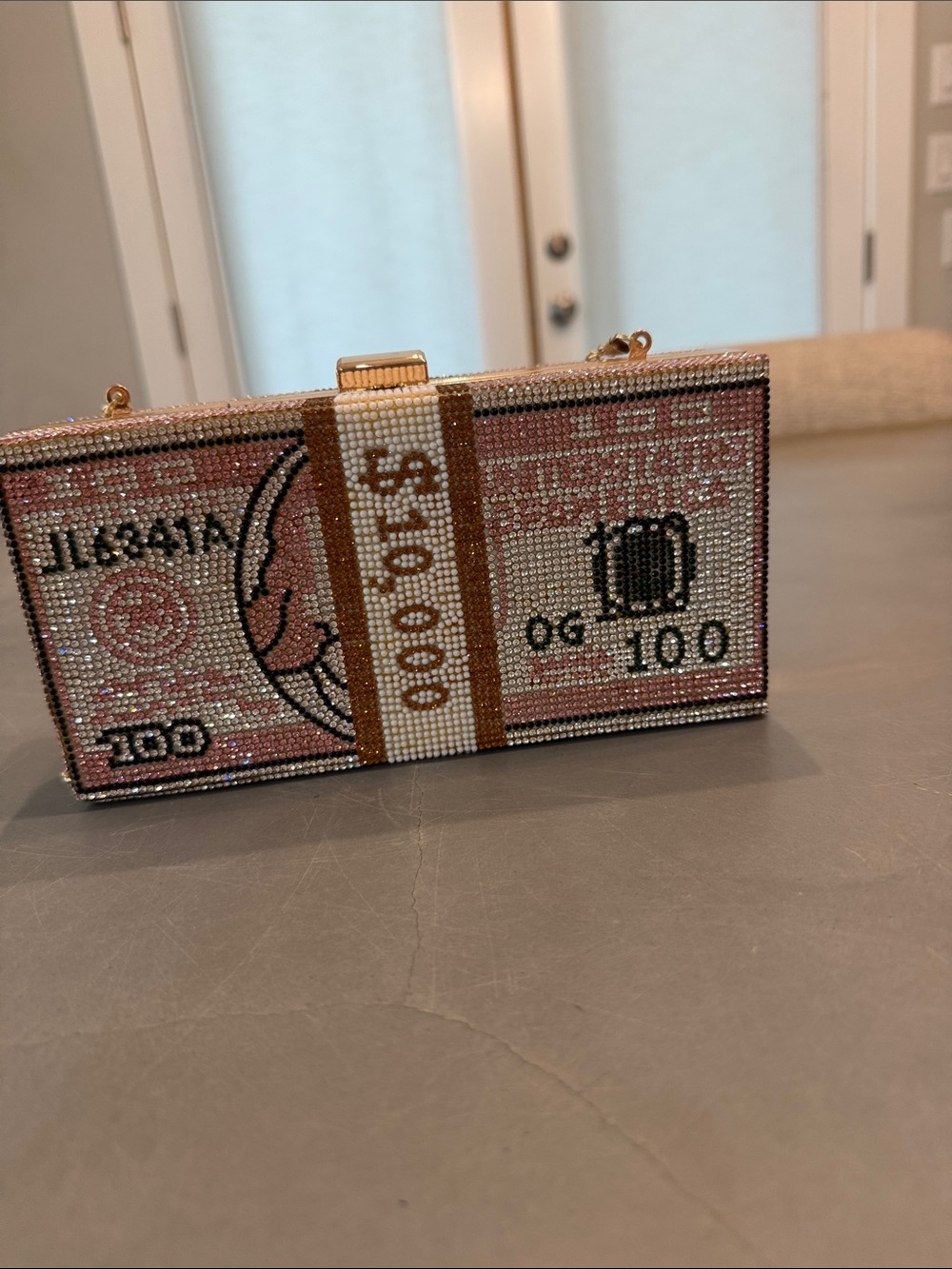 Crystal-Embellished Pink Novelty Money Clutch